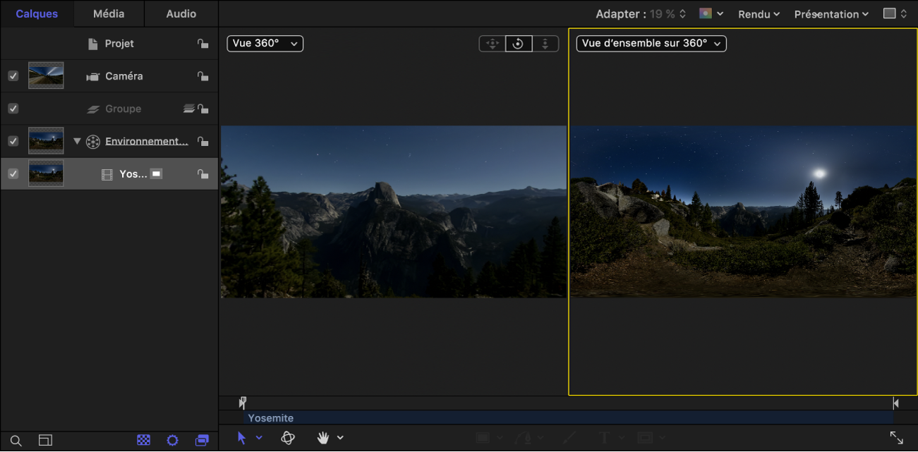 Canevas affichant la présentation Vue 360° (l’image projetée) dans la fenêtre d’affichage de gauche et la présentation Vue d’ensemble sur 360° (l’image équirectangulaire) dans la fenêtre d’affichage de droite