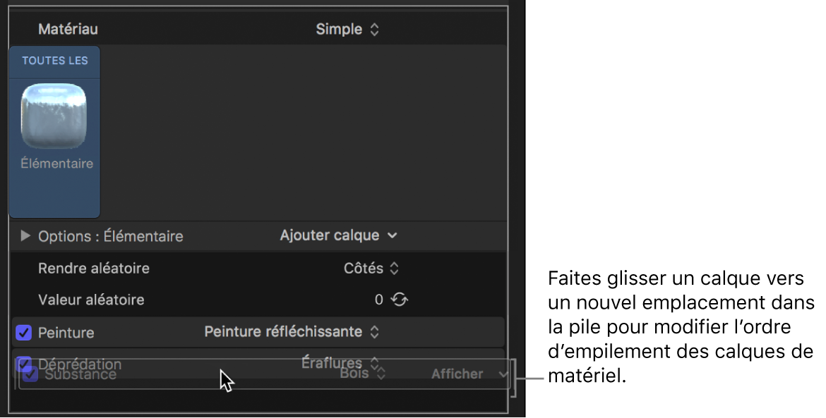 Déplacement par glisser-déposer d’un calque de matériau au-dessus d’un autre dans la fenêtre Apparence de l’inspecteur de texte