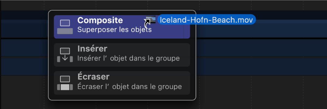 Menu déroulant de la timeline affichant les options proposées