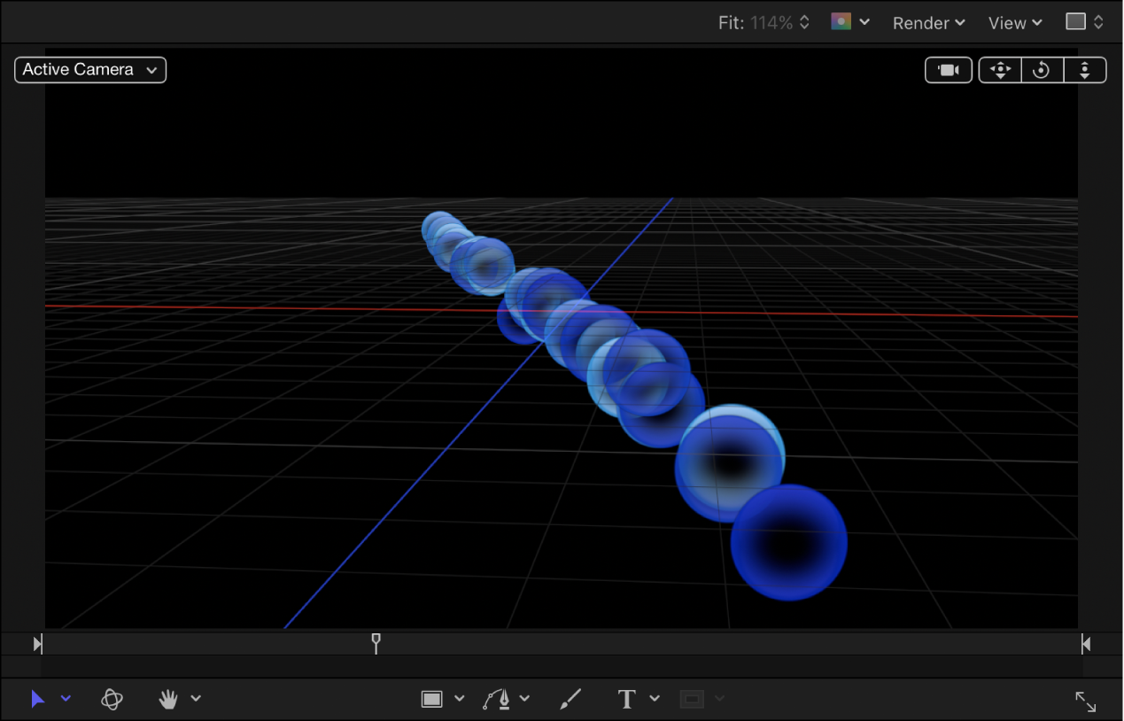 キャンバス。3D空間で調整された2Dのラインエミッタのパーティクルが表示されています