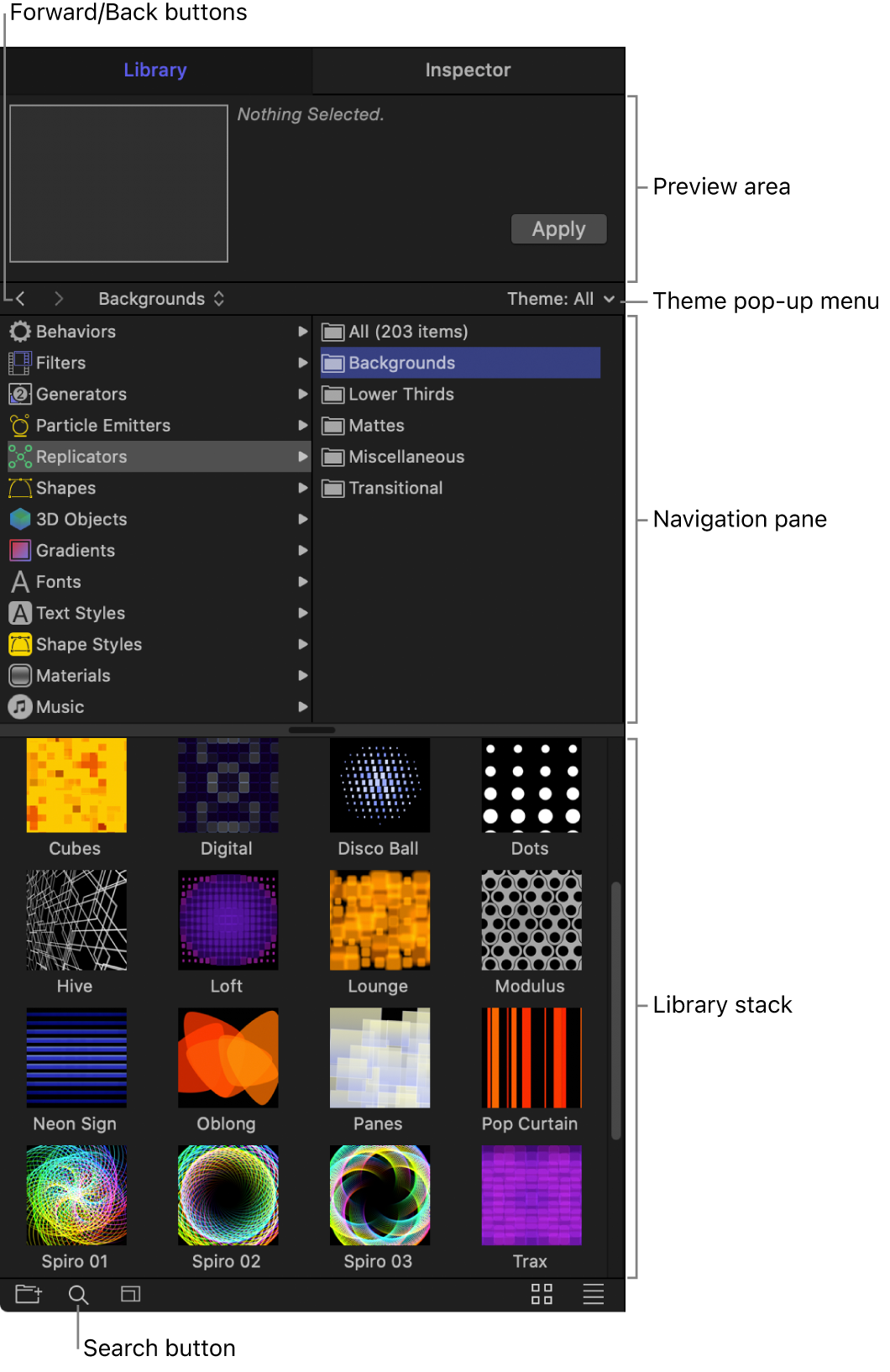 「ライブラリ」の各領域: プレビュー領域、進むボタンと戻るボタン、「テーマ」ポップアップメニュー、ナビゲーションパネル、「ライブラリ」スタック、検索ボタン
