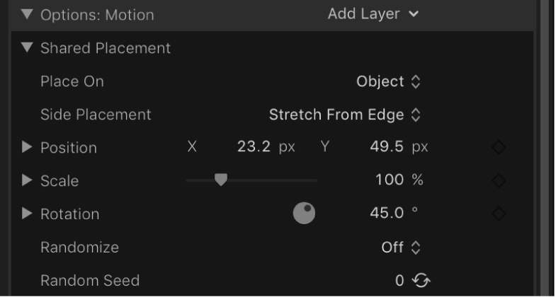 「共通の配置」のオプションが表示されている「インスペクタ」の「3Dテキスト」