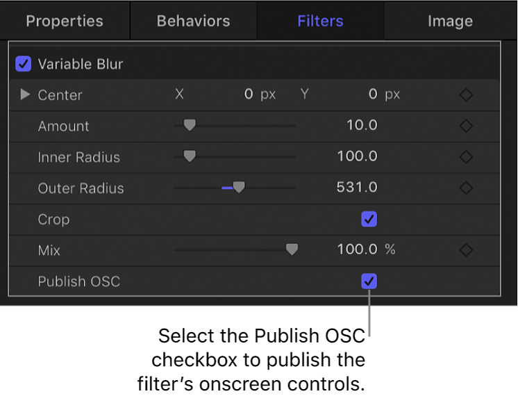 「フィルタ」インスペクタ。「OSCを公開」チェックボックスが表示されています