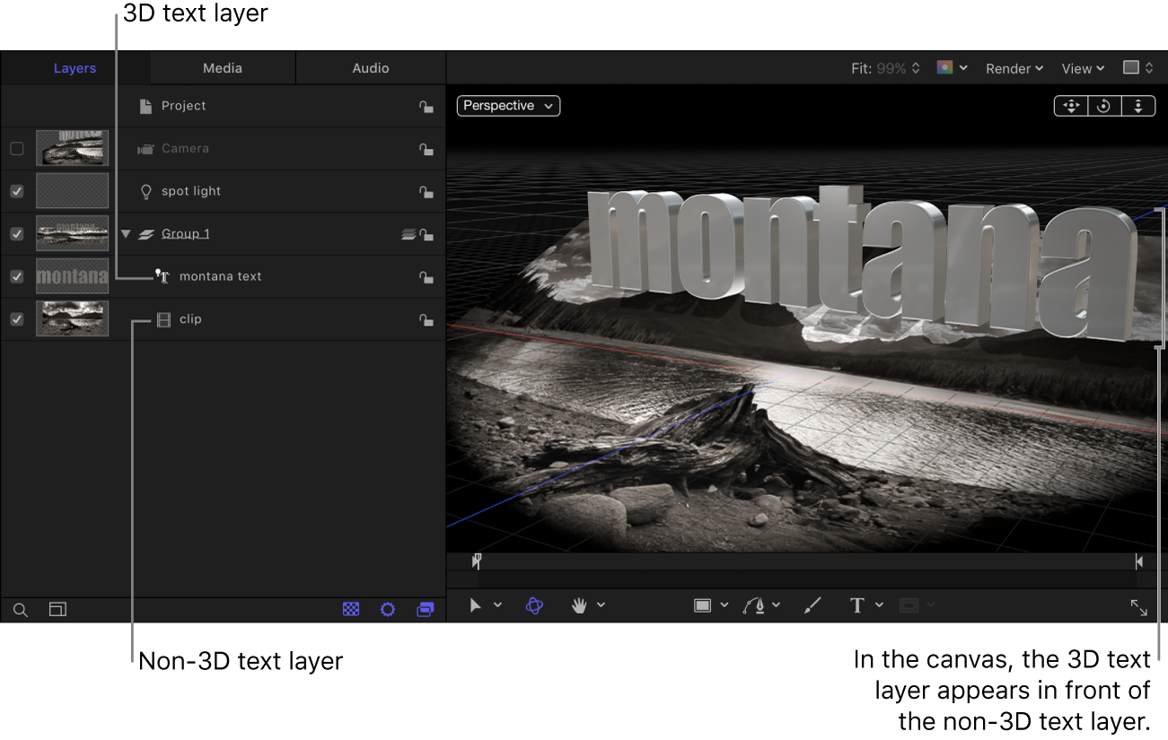 「レイヤー」リストで、3Dテキストでないレイヤーの上に3Dテキストレイヤーが配置されています。そのため、キャンバスでは、3Dテキストでないレイヤーが3Dテキストレイヤーの後方に表示されます。