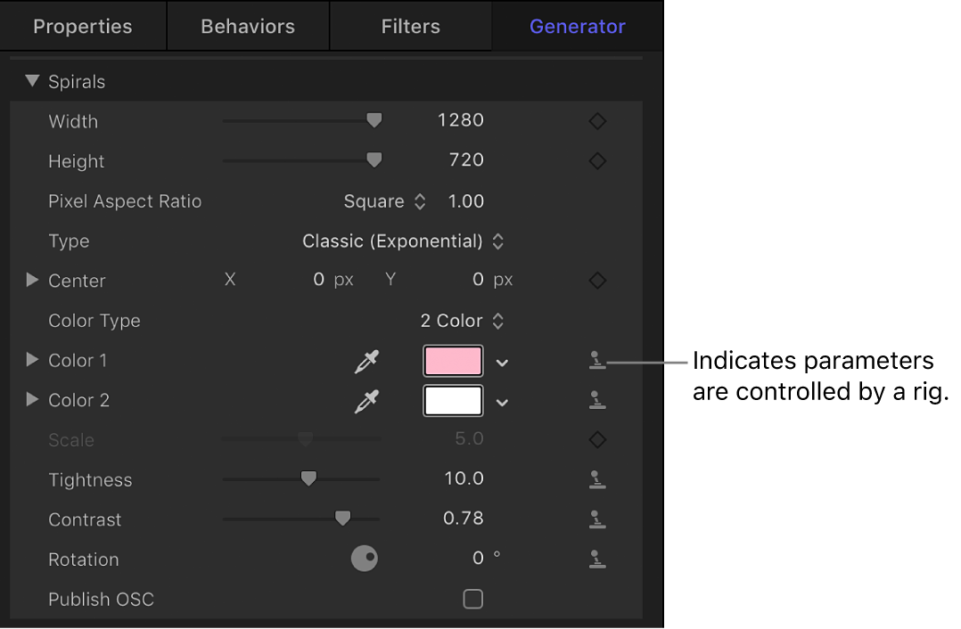 リグによって制御されるパラメータが表示された「インスペクタ」