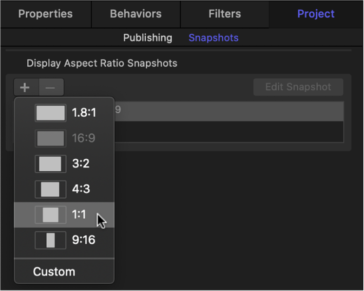 「プロジェクト」インスペクタの「スナップショット」パネル。新しいディスプレイアスペクト比のオプションが表示されています
