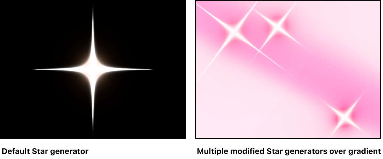 キャンバスに、「スター」ジェネレータが単独で、およびコンポジションの一部に使用されたものが表示されています