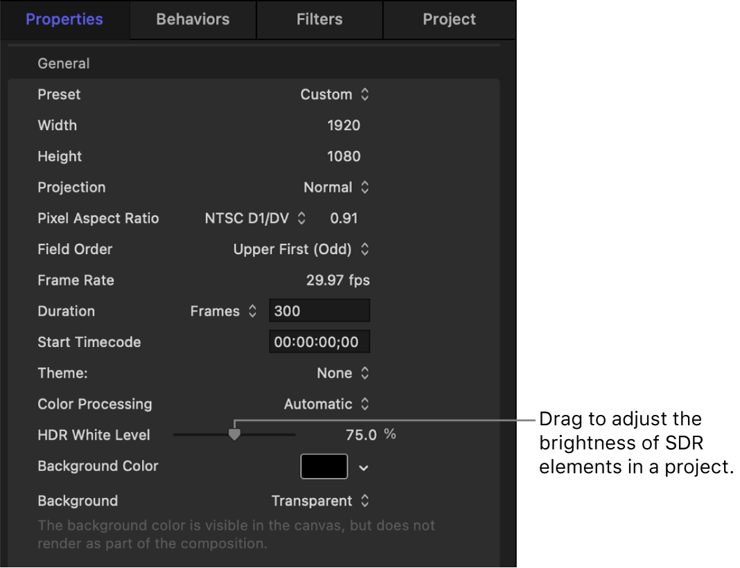 「プロジェクトの情報」インスペクタ。「HDR白レベル」スライダが示されています。