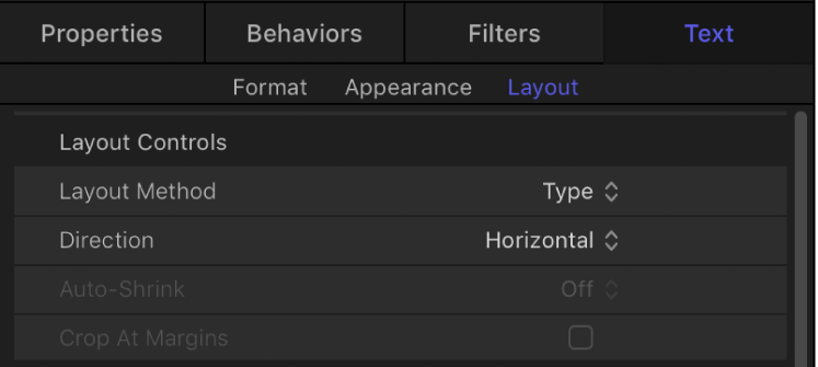 「テキスト」インスペクタの「レイアウト」パネルの「レイアウト」コントロール