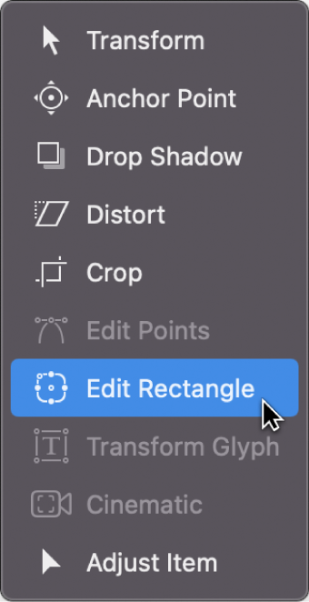 변형 도구 팝업 메뉴에서 직사각형 편집 도구 선택