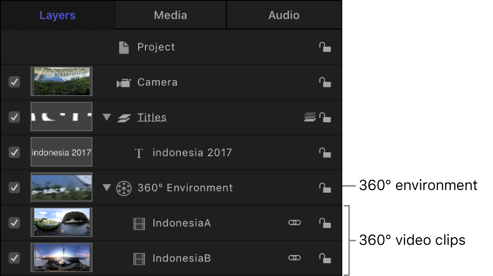 360° 비디오 클립을 포함한 360° 환경이 표시된 레이어 목록