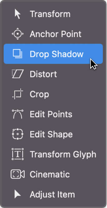변형 도구 팝업 메뉴에서 드롭 그림자 도구 선택