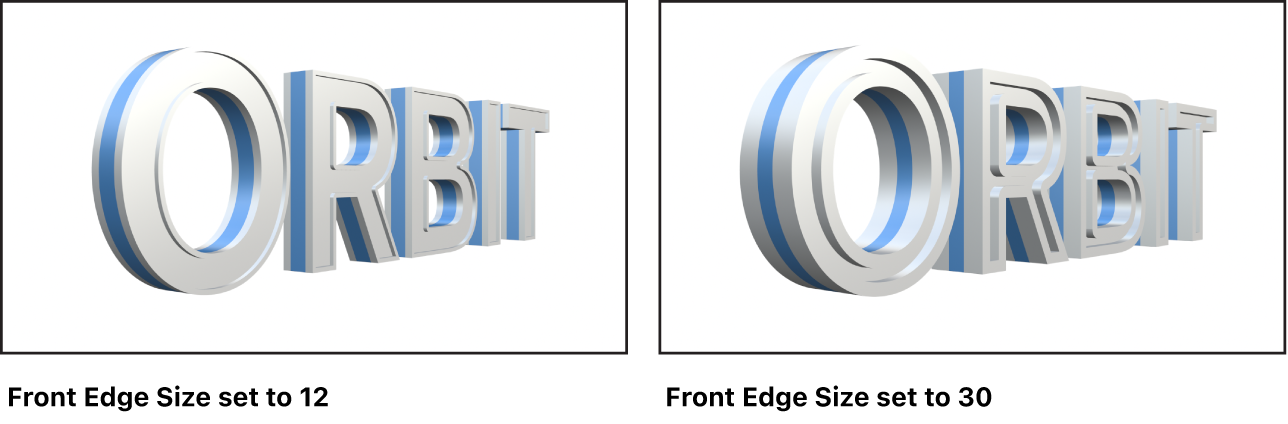 전면 가장자리가 12로 설정된 3D 텍스트 및 전면 가장자리가 30으로 설정된 3D 텍스트를 보여주는 캔버스