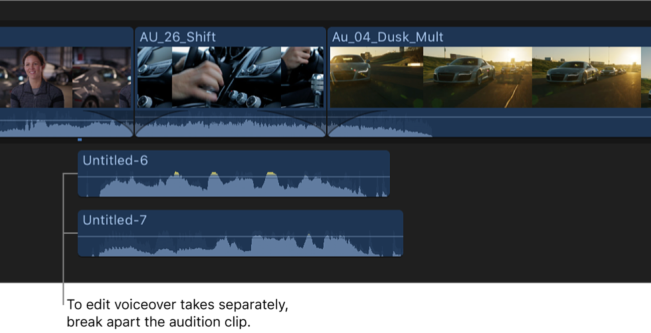 Die Timeline mit einem Voiceover-Alternativclip, der in separate Clips aufgeteilt ist