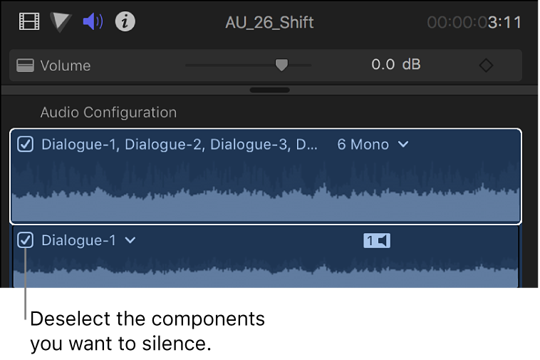 Markierungsfelder der Audiokomponenten im Abschnitt „Audiokonfiguration“ des Informationsfensters „Audio“