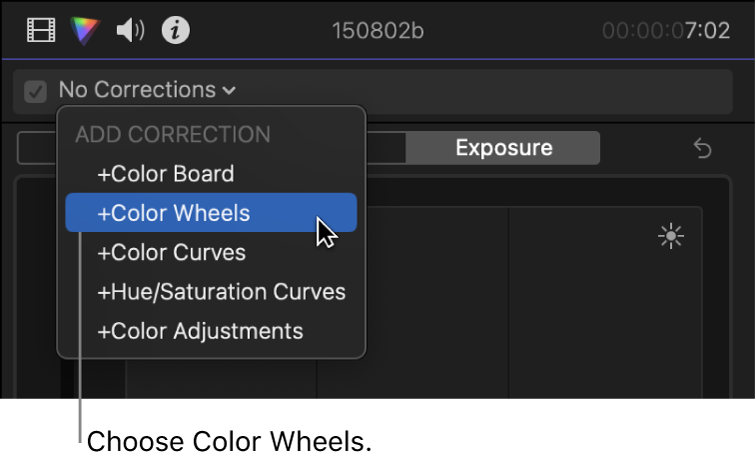 Auswahl von „Farbräder“ aus dem Bereich „Korrektur hinzufügen“ des Einblendmenüs oben im Informationsfenster „Farbe“