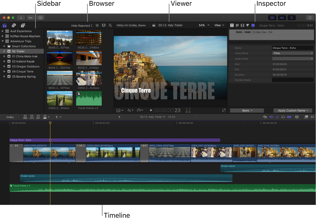 Das Final Cut Pro-Fenster mit Seitenleiste, Übersicht, Viewer, Informationsfenster und Timeline