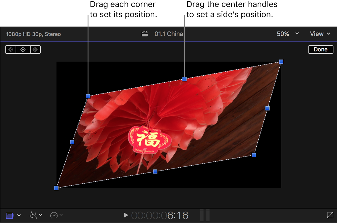 Der Viewer mit den On-Screen-Steuerelementen des Effekts „Verzerren“