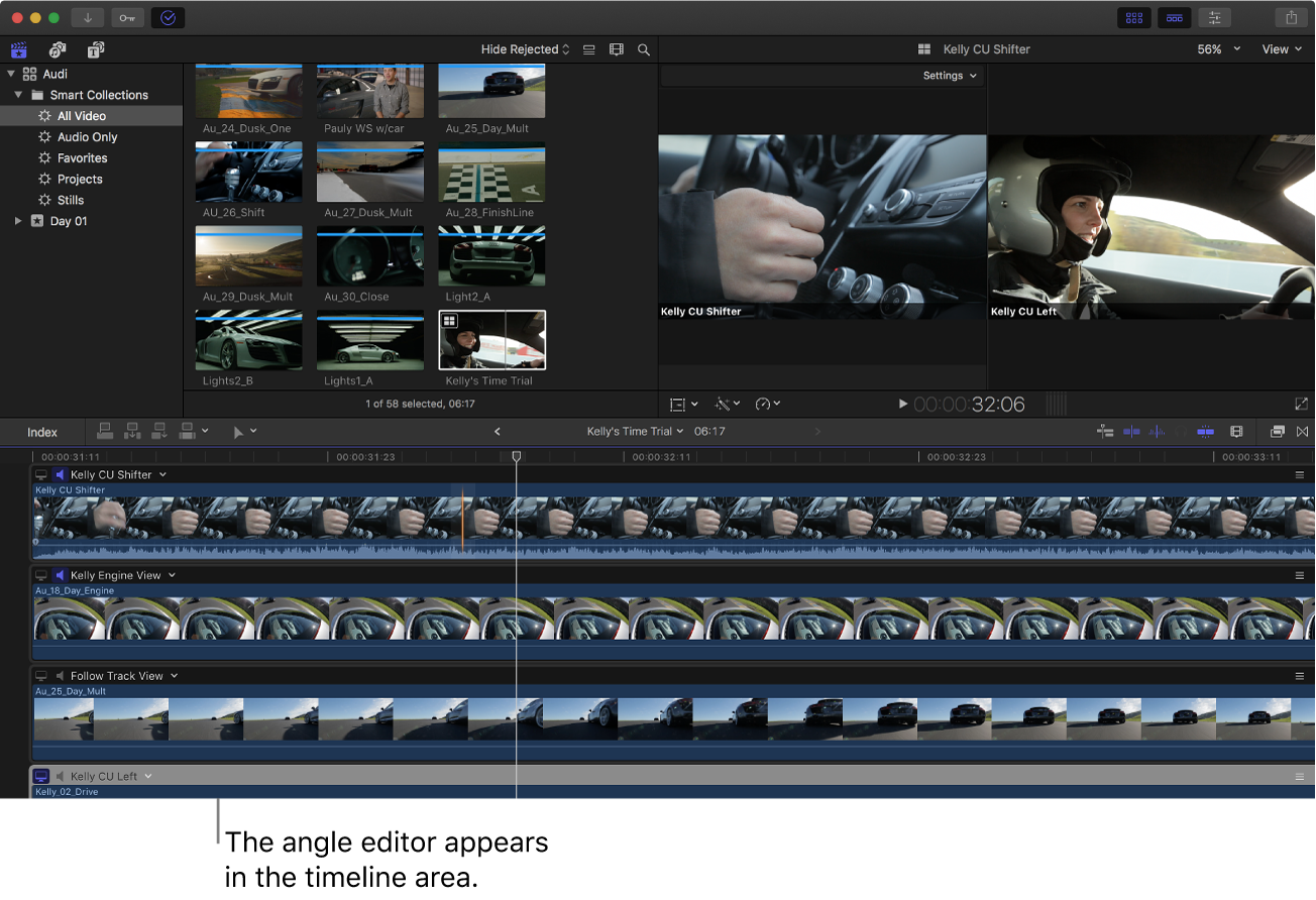 Das Fenster von Final Cut Pro mit Kamera-Editor im Timeline-Bereich