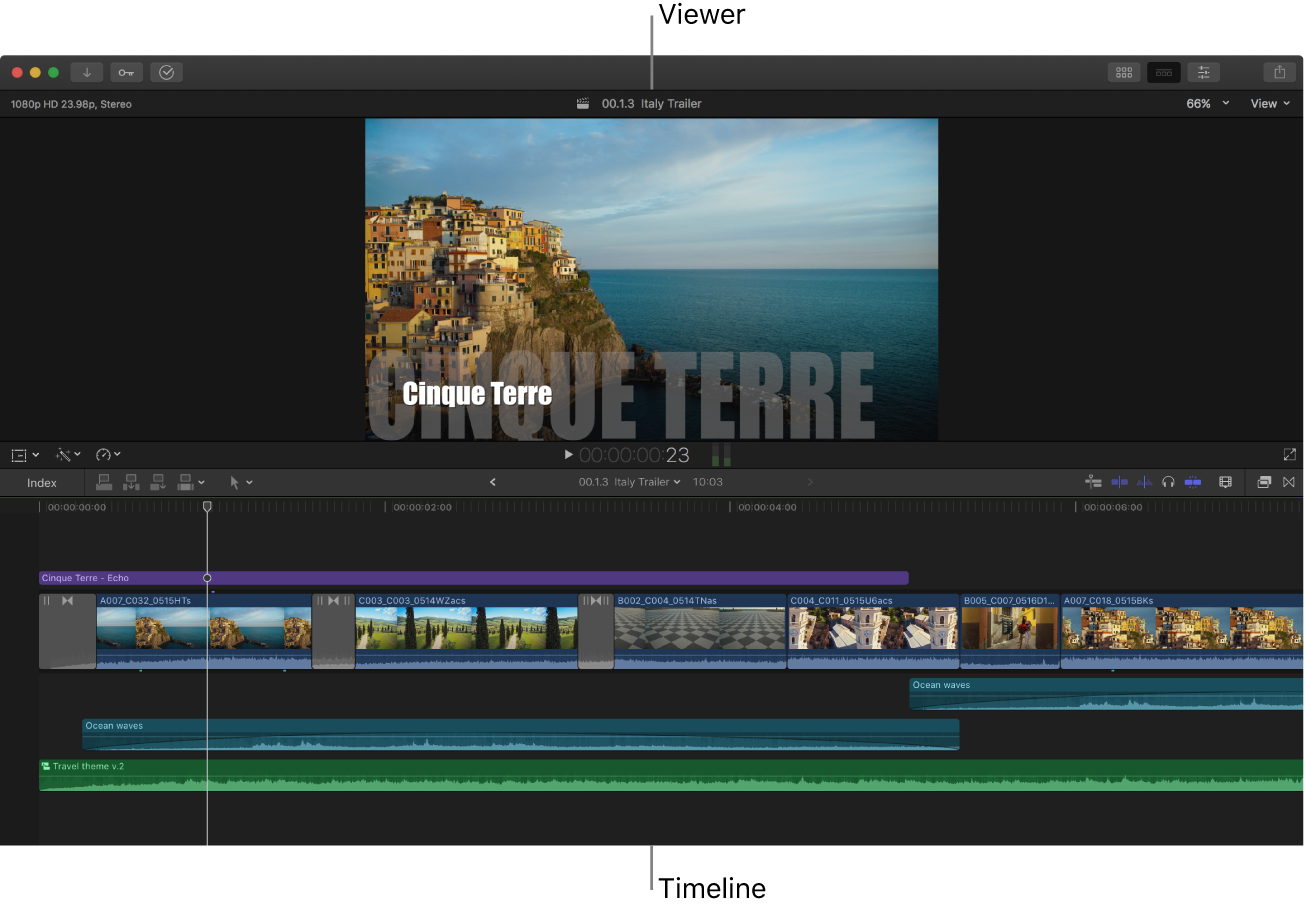 Das Final Cut Pro-Fenster, in dem nur der Viewer und die Timeline angezeigt werden