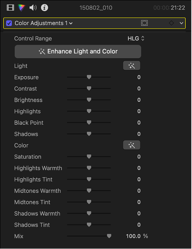 The Color inspector showing controls in the Color Adjustments effect