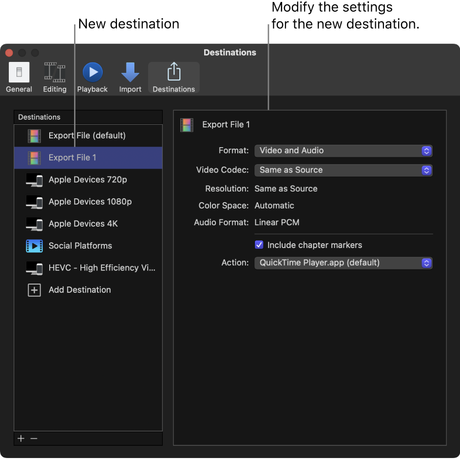 The Destinations pane of the Final Cut Pro Settings window showing a duplicated Export File destination selected in the list on the left