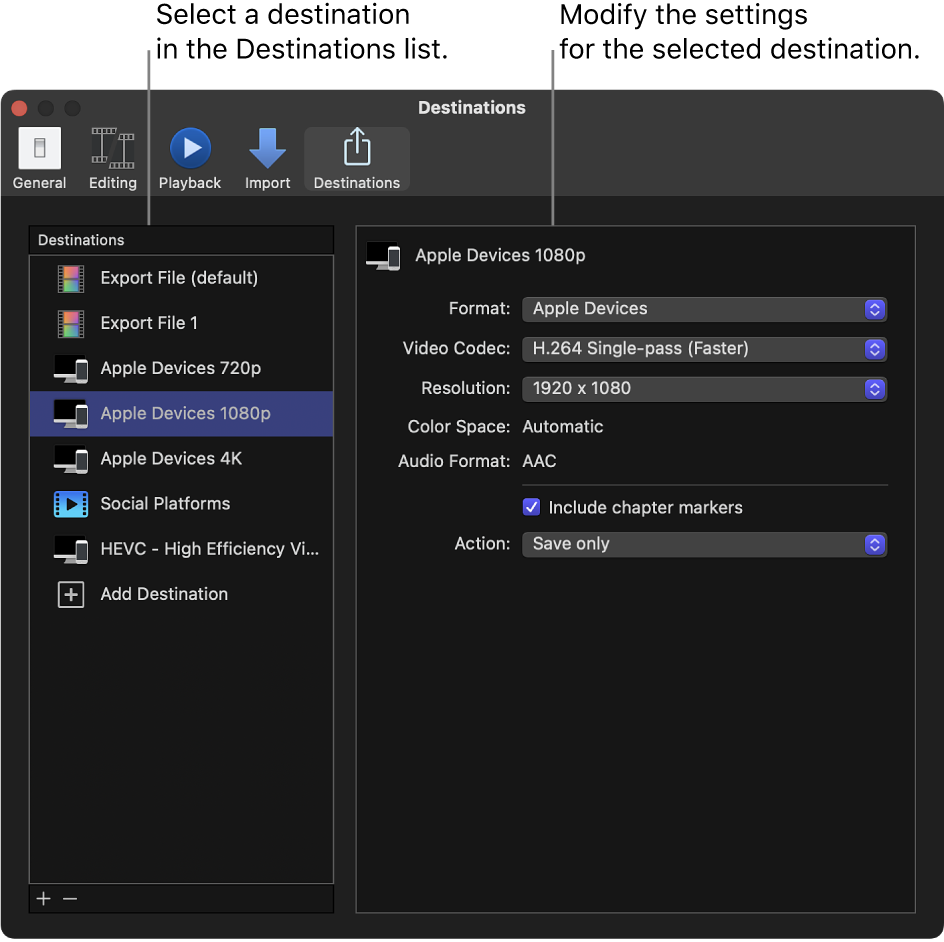 The Destinations pane of the Final Cut Pro Settings window showing the Apple Devices 1080p destination selected in the list on the left