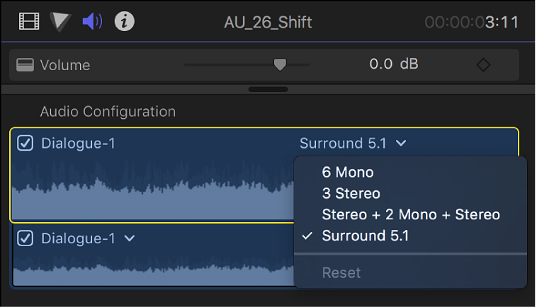 La sección “Configuración de audio” del inspector de audio con canales y ondas en el clip seleccionado