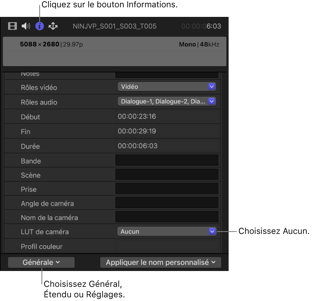 Inspecteur d’informations dans la présentation de métadonnées réglée sur Générale et la LUT de caméra réglée sur Aucune