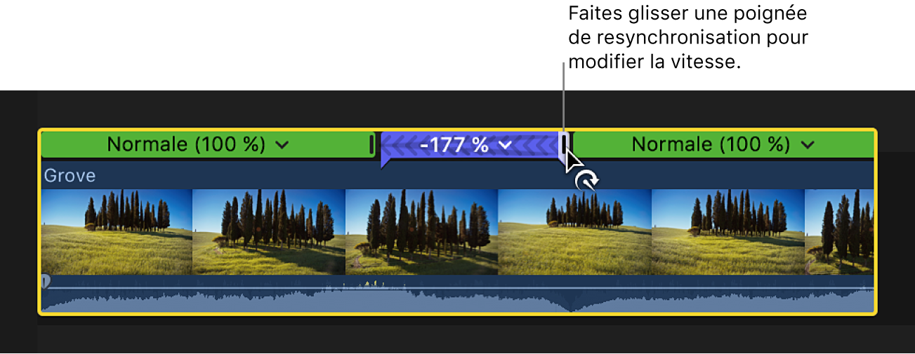 Glissement de la poignée de resynchronisation d’une section rembobinée d’un plan dans la timeline pour modifier la vitesse