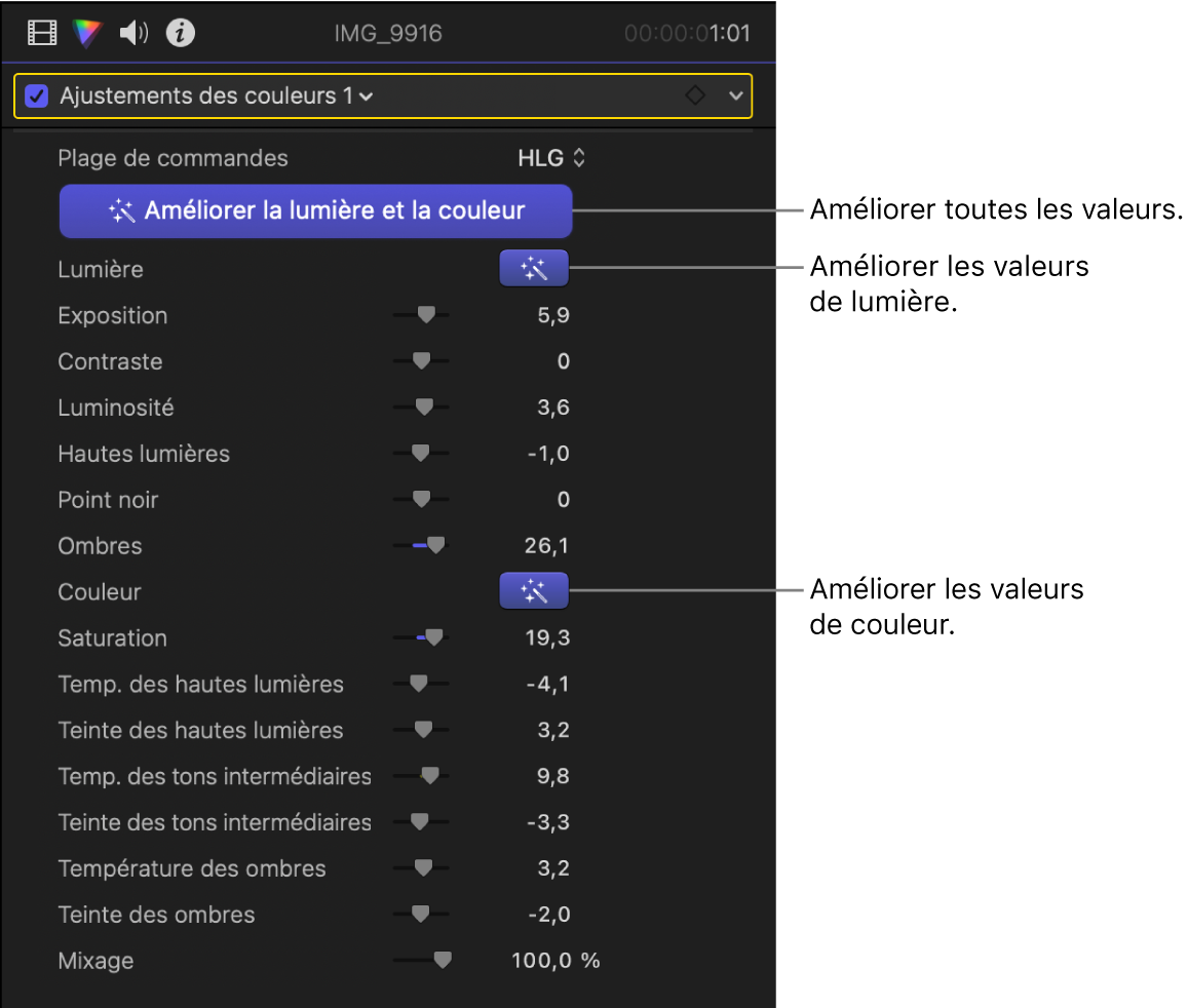 L’effet « Ajustements des couleurs » avec les commandes « Améliorer la lumière et la couleur » activées