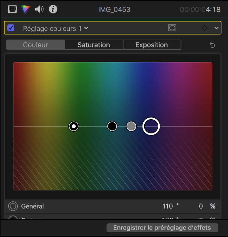 Inspecteur de couleur montrant les commandes reprises dans la fenêtre Couleur du réglage couleurs