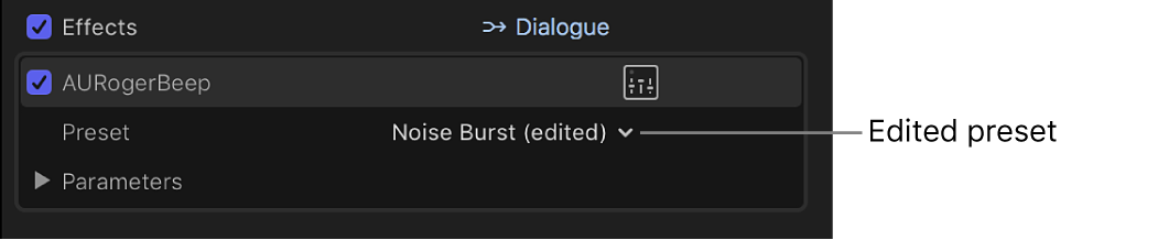 「オーディオ」インスペクタの「エフェクト」セクション。編集済みのエフェクトプリセットが表示されている