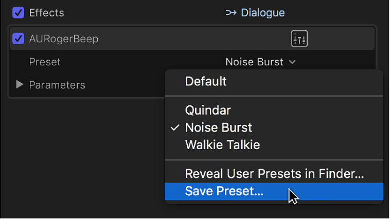 「オーディオ」インスペクタの「エフェクト」セクション。「プリセット」ポップアップメニューの「プリセットを保存」オプションが表示されている