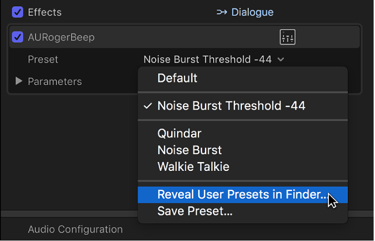 「オーディオ」インスペクタの「エフェクト」セクション。「プリセット」ポップアップメニューの「Finderにユーザプリセットを表示」オプションが表示されている