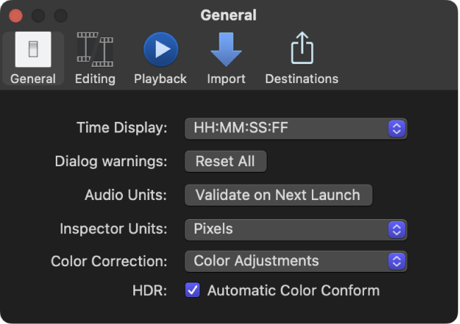 Final Cut Pro 설정 윈도우의 일반 패널