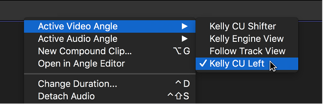 在时间线中使用快捷键菜单切换活跃视频角度