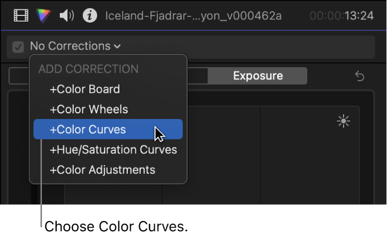 颜色检查器顶部弹出式菜单中，“添加校正”部分的“颜色曲线”已选中