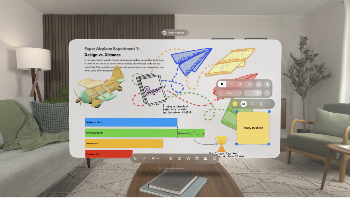 Die App „Freeform“ auf der Apple Vision Pro mit einem geöffneten Board und der Symbolleiste unten. Ein Notizzettel mit Formatierungsoptionen wird angezeigt.