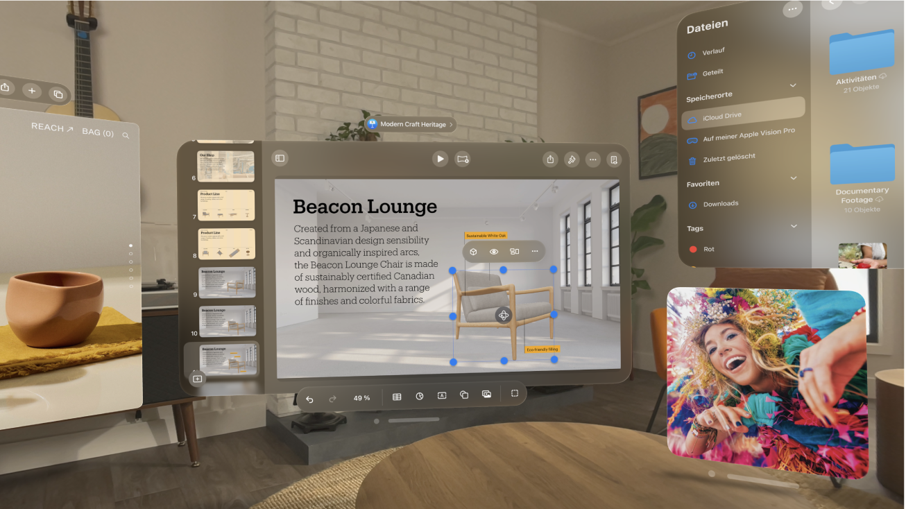 Eine Benutzeransicht auf der Apple Vision Pro. „Keynote“, „Musik“, „Dateien“ und „Safari“ sind sichtbar.