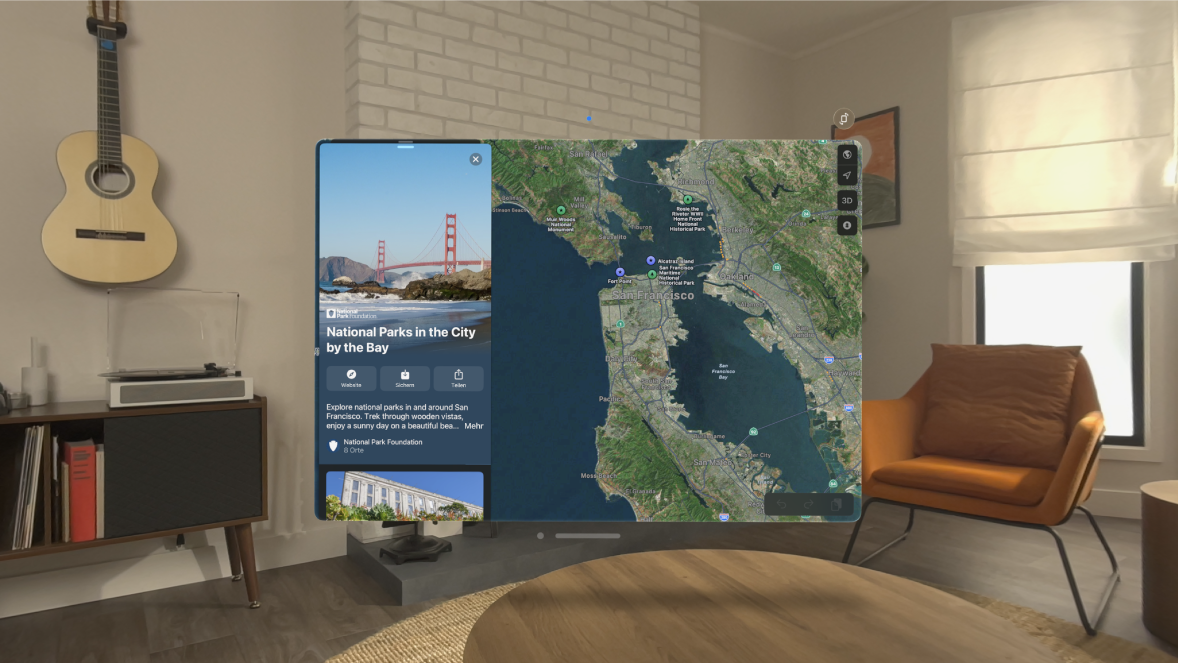 Die App „Karten“ auf der Apple Vision Pro mit einem Reiseführer für Parks auf der linke Seite des Fensters.