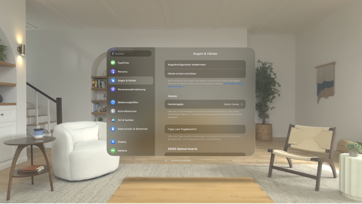 Die Einstellungen „Augen & Hände“ mit Optionen zum erneuten Ausführen der Einrichtung der Augen und Hände, zum Ändern der Einstellungen für die Handeingabe und mehr.