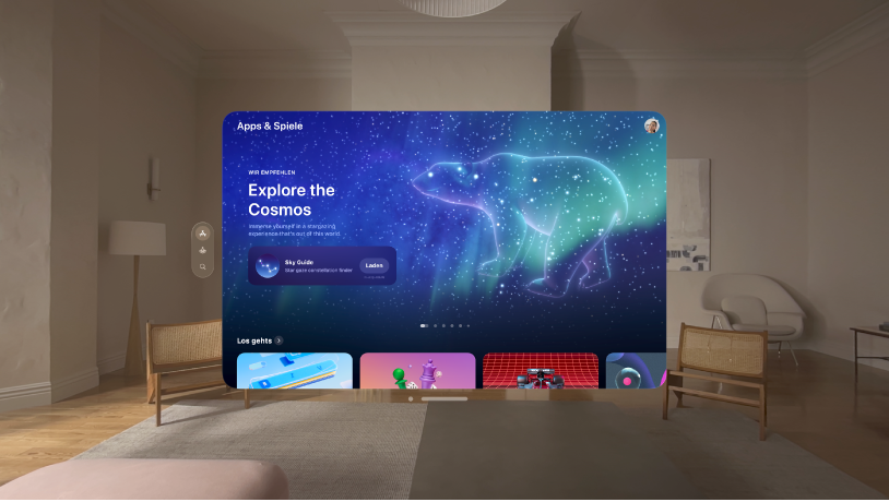 Der App Store auf der Apple Vision Pro mit einer Empfehlung und drei App-Sammlungen.