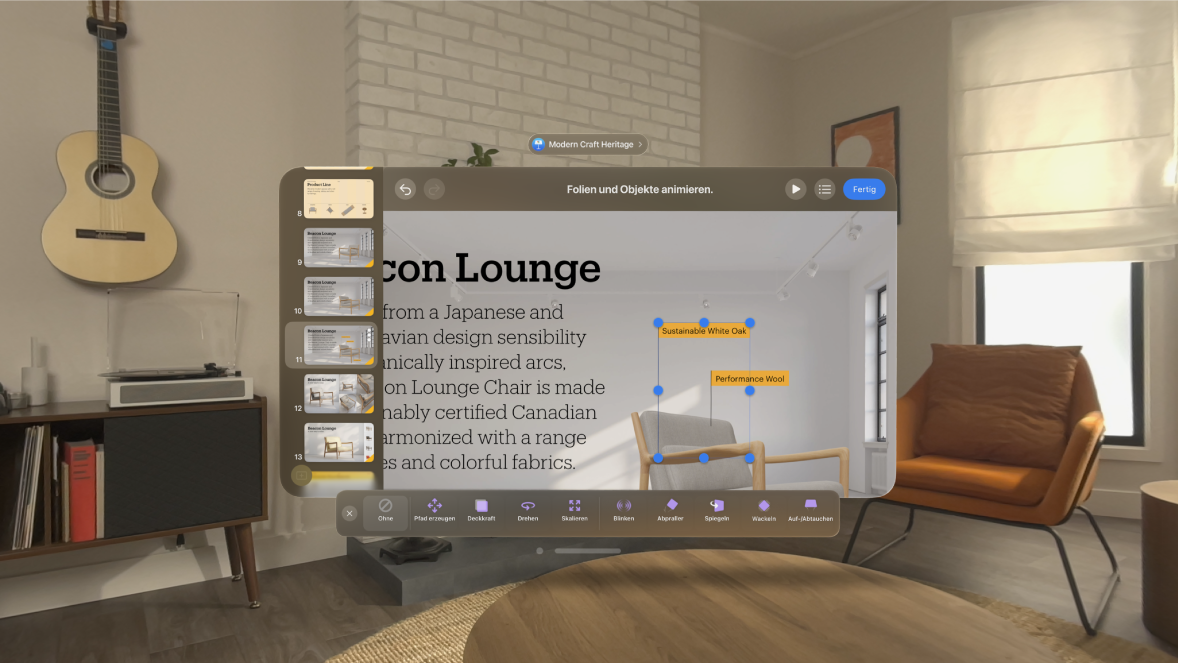 Die App „Keynote“ auf der Apple Vision Pro mit den Animationsoptionen für ein Objekt auf einer Folie.