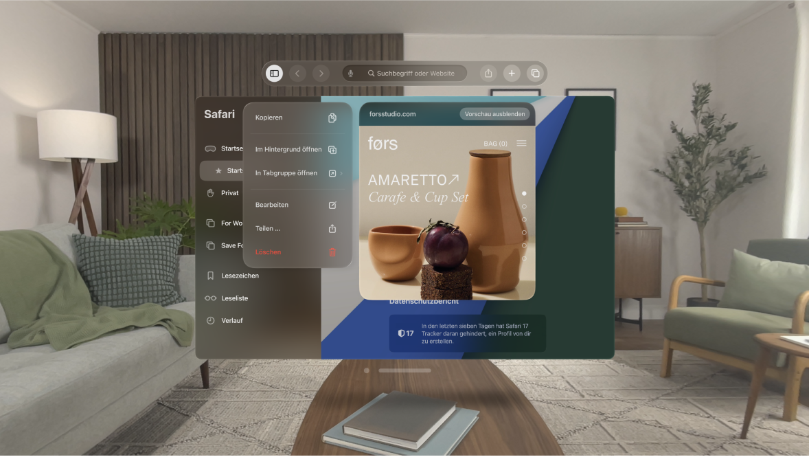 Die App „Safari“ auf der Apple Vision Pro mit einem kleinen Vorschaufenster, in dem eine Website vor dem Öffnen eines Links angezeigt wird.