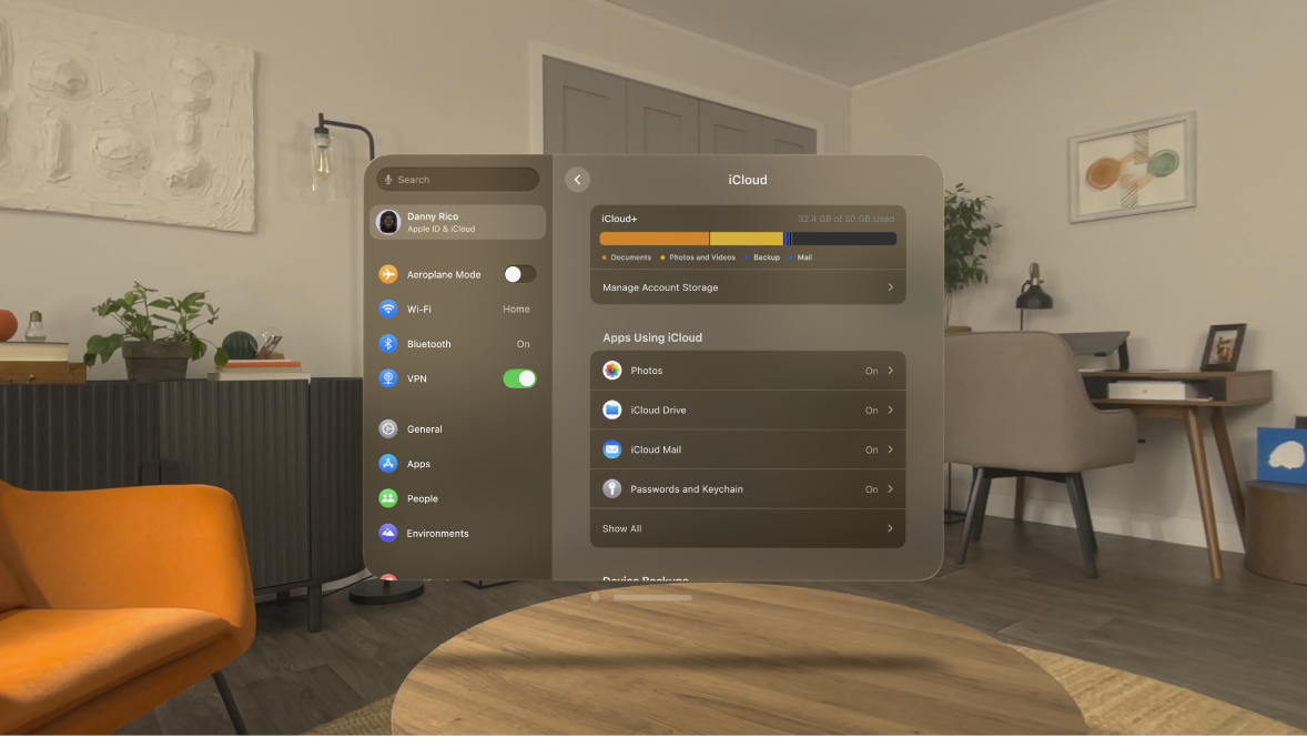iCloud settings on Apple Vision Pro, showing the user’s iCloud storage.