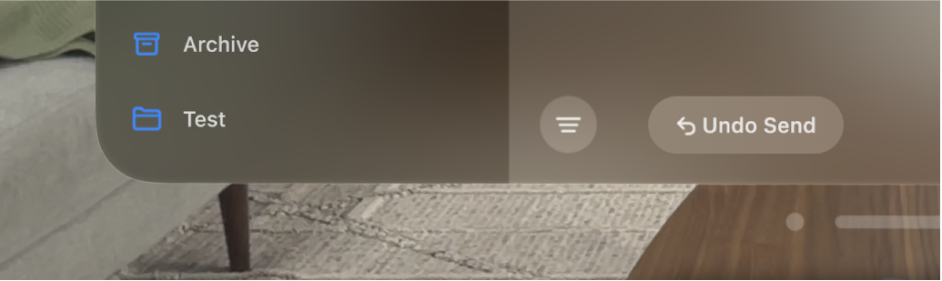 A close-up view of the Undo Send option at the bottom of an email inbox in the Mail app on Apple Vision Pro.