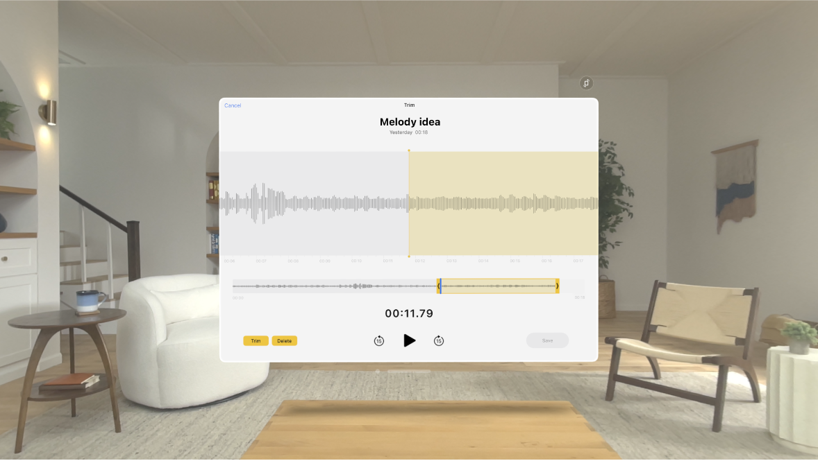 The Voice Memos app on Apple Vision Pro, showing the end of a recording being trimmed.