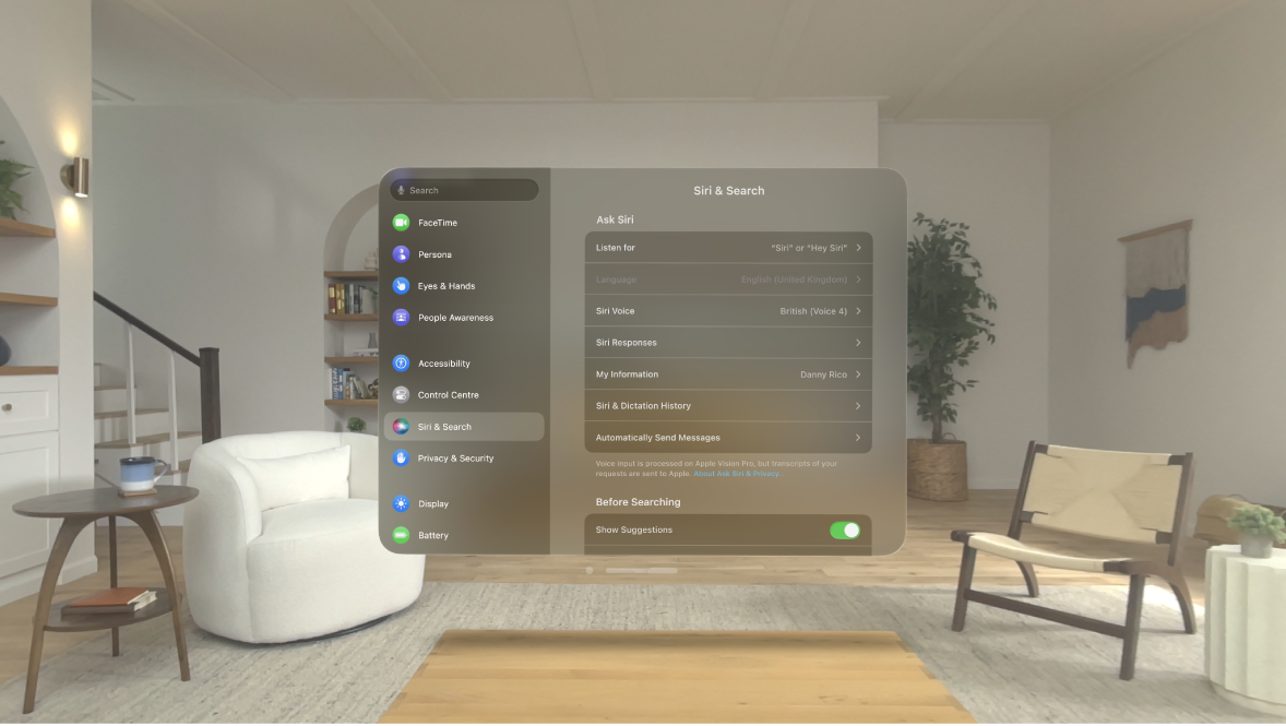 Siri & Search settings on Apple Vision Pro, where you can change when Siri responds, the Siri voice and more.