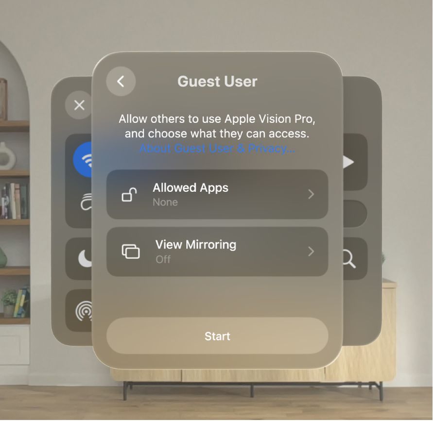 Guest User settings on Apple Vision Pro, with options to change what apps the guest can access, and whether or not to mirror your view.